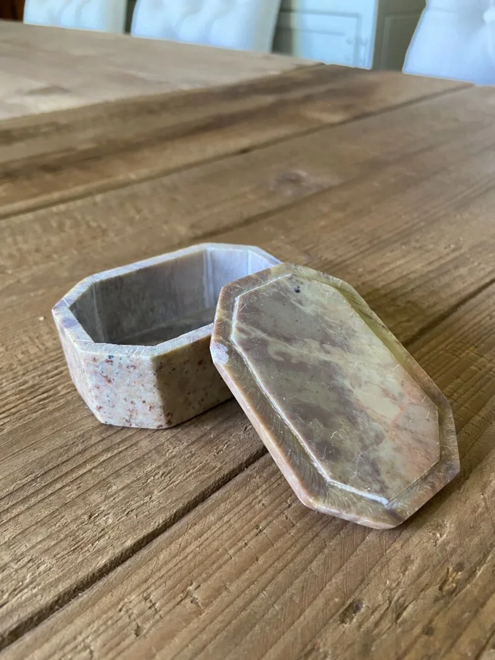 vintage stone trinket box, alabaster jewelry box, soapstone keepsake box, floral